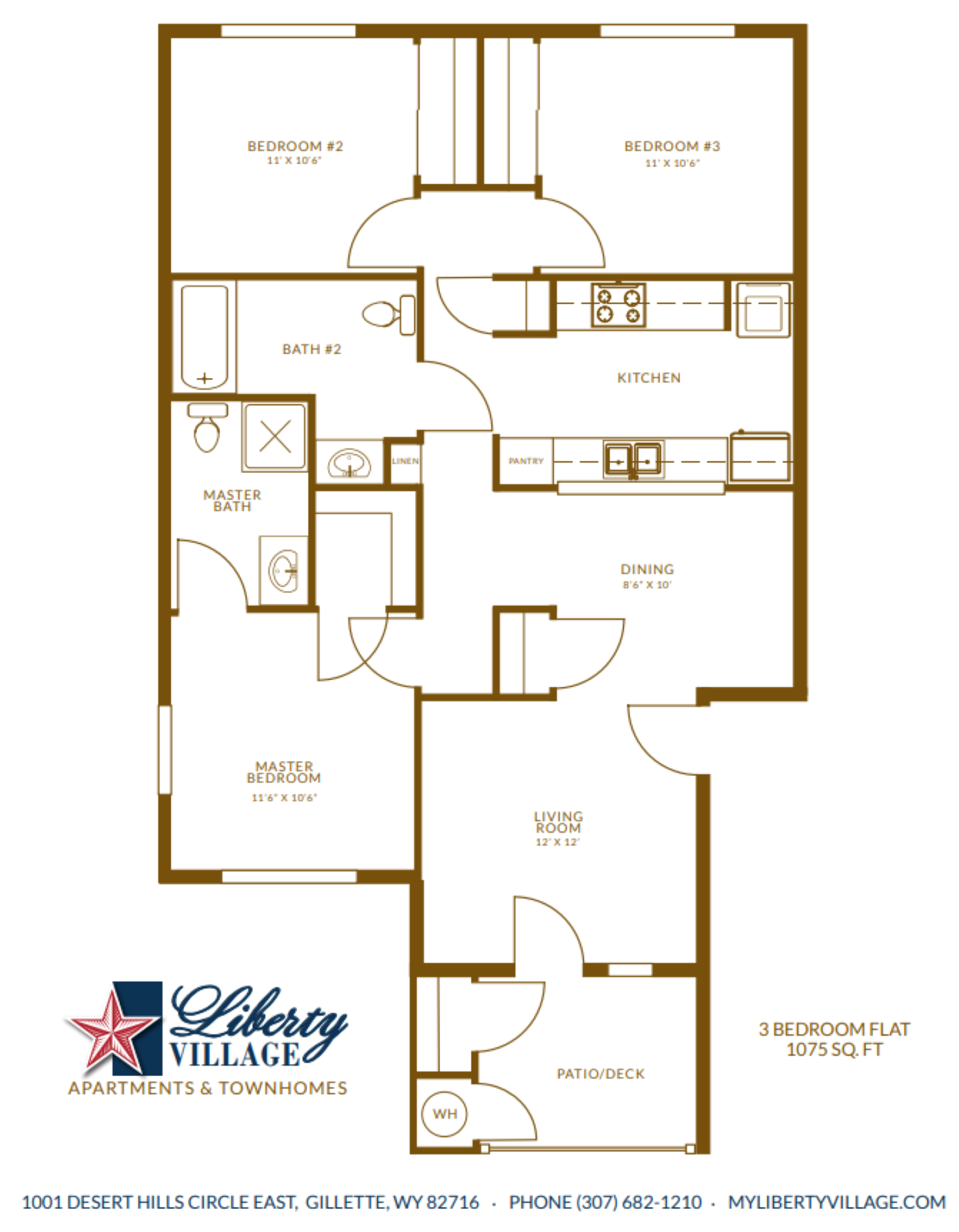 Floor plan for 3 beds, 2 baths, 1075 sqft